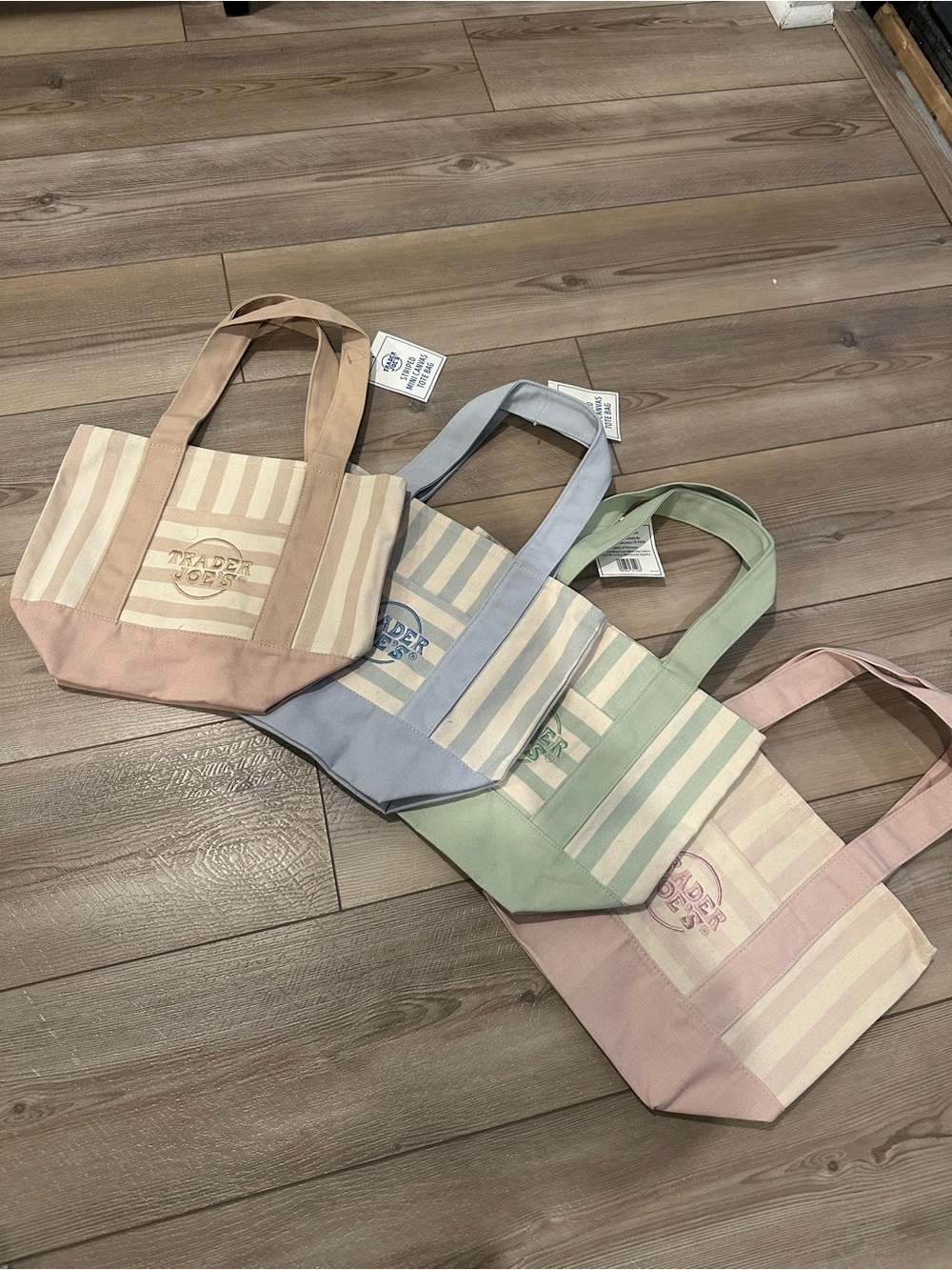 Trader Joe’s Pastel Striped Canvas Tote Bag - Pink, Blue, Green, Tan Bundle